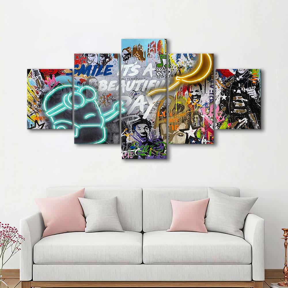 Minion Banana Graffiti Art Print, 5 Panel Mixed Canvas Print Wall Art, Home Decor, Neon Canvas