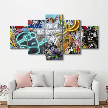 Minion Banana Graffiti Art Print, 5 Panel Mixed Canvas Print Wall Art, Home Decor, Neon Canvas