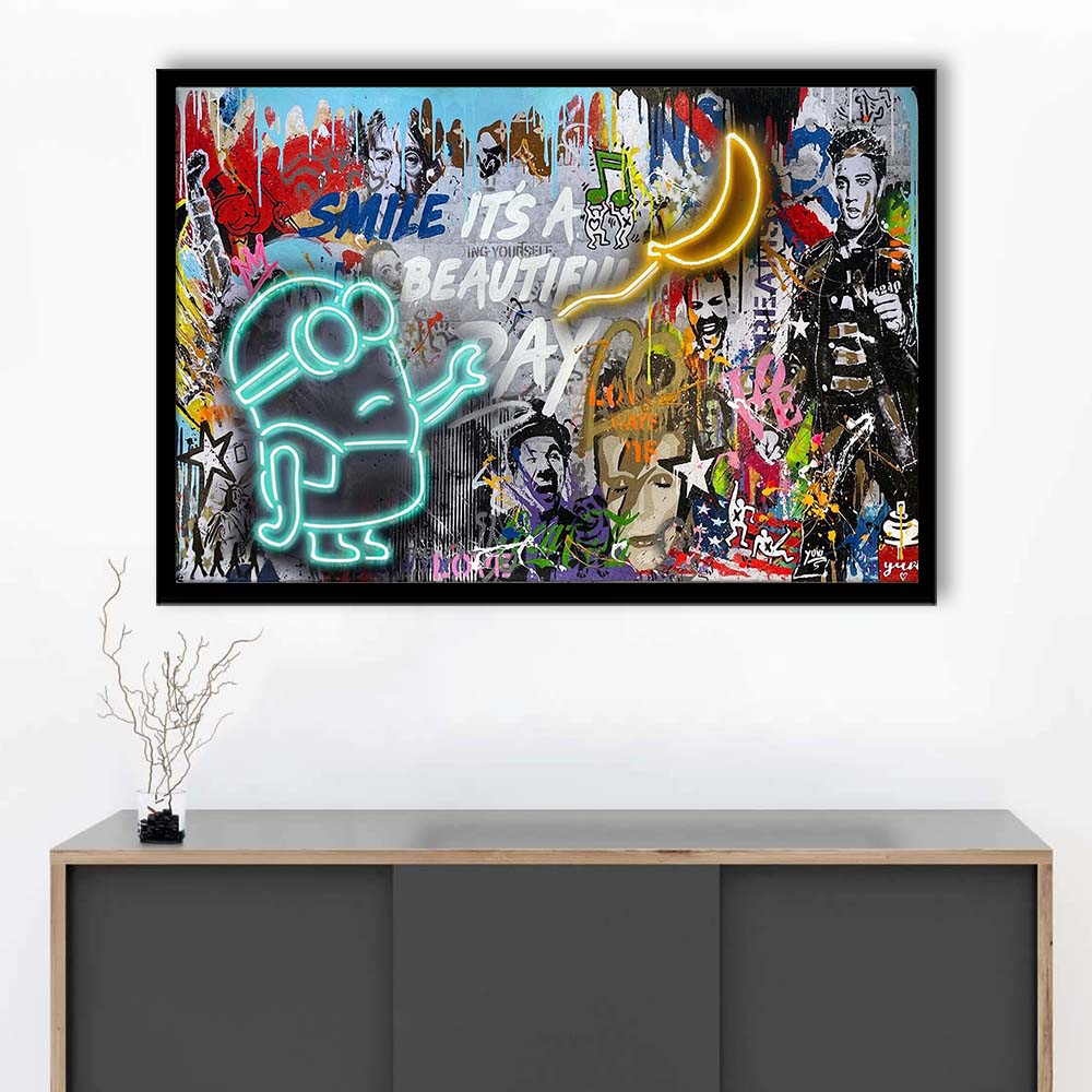 Minion Banana Graffiti Art Print, Framed Art Print Wall Decor, Neon Art Print, Picture Framed