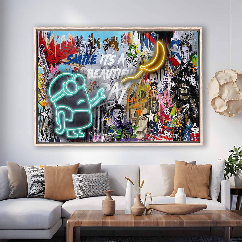Minion Banana Graffiti Art Print, Framed Canvas Print Wall Art Decor, Floating Frame, Neon Effect Art