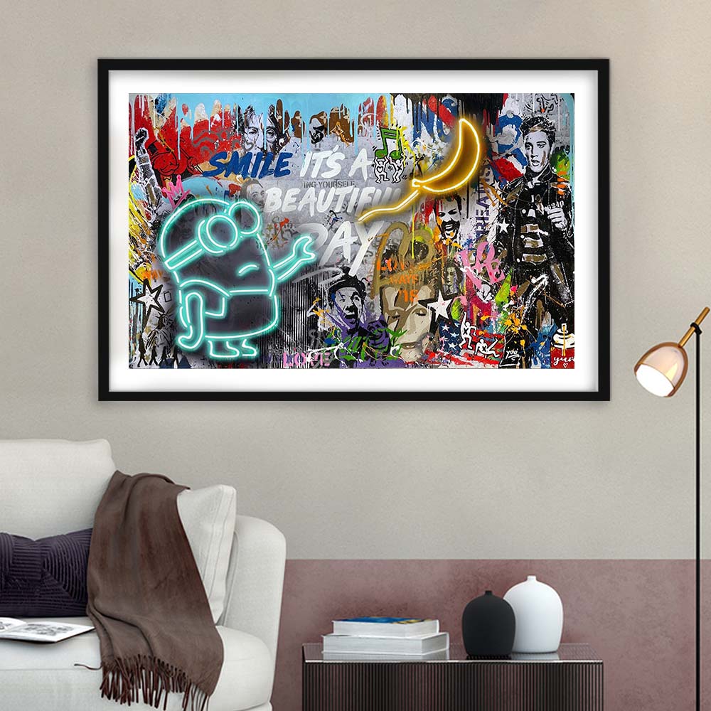 Minion Banana Graffiti Art Print, Framed Art Print Wall Decor, White Border, Framed Picture