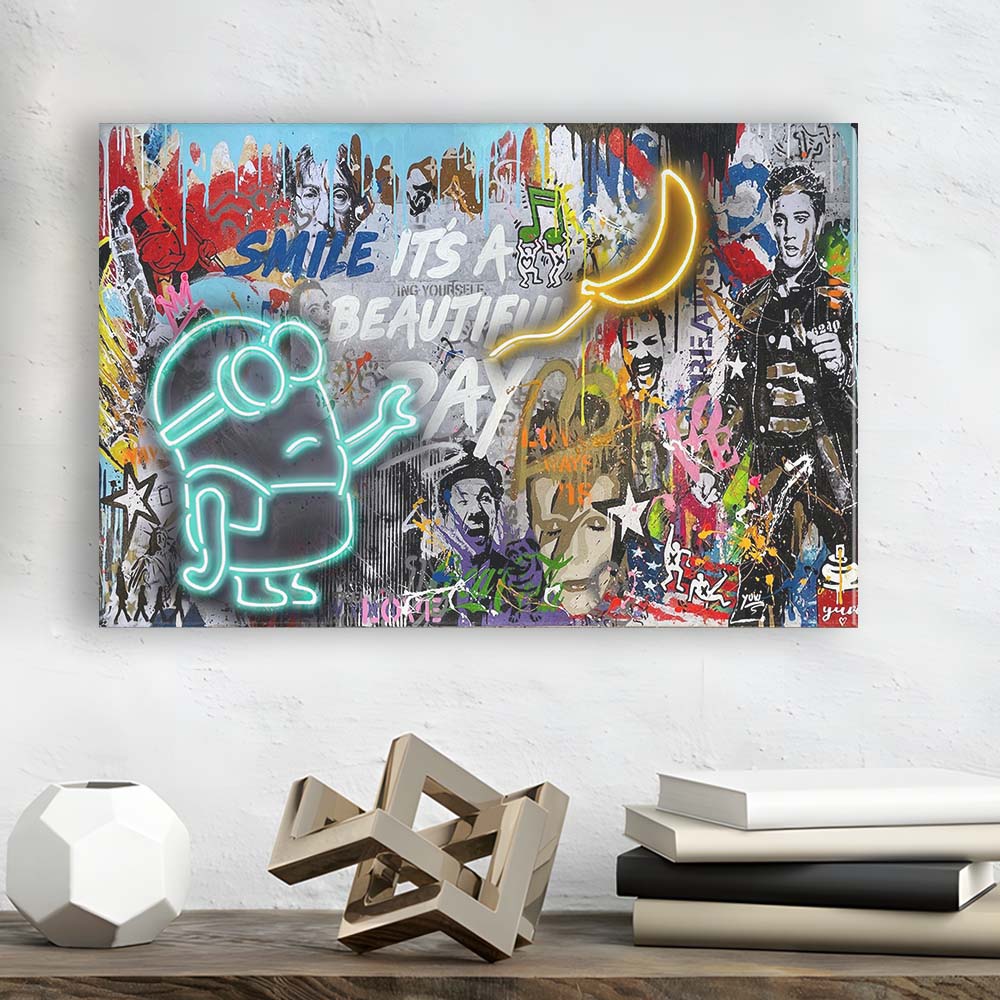 Minion Banana Graffiti Art Print, Canvas Print Wall Art, Wall Decor, Neon Effect Art