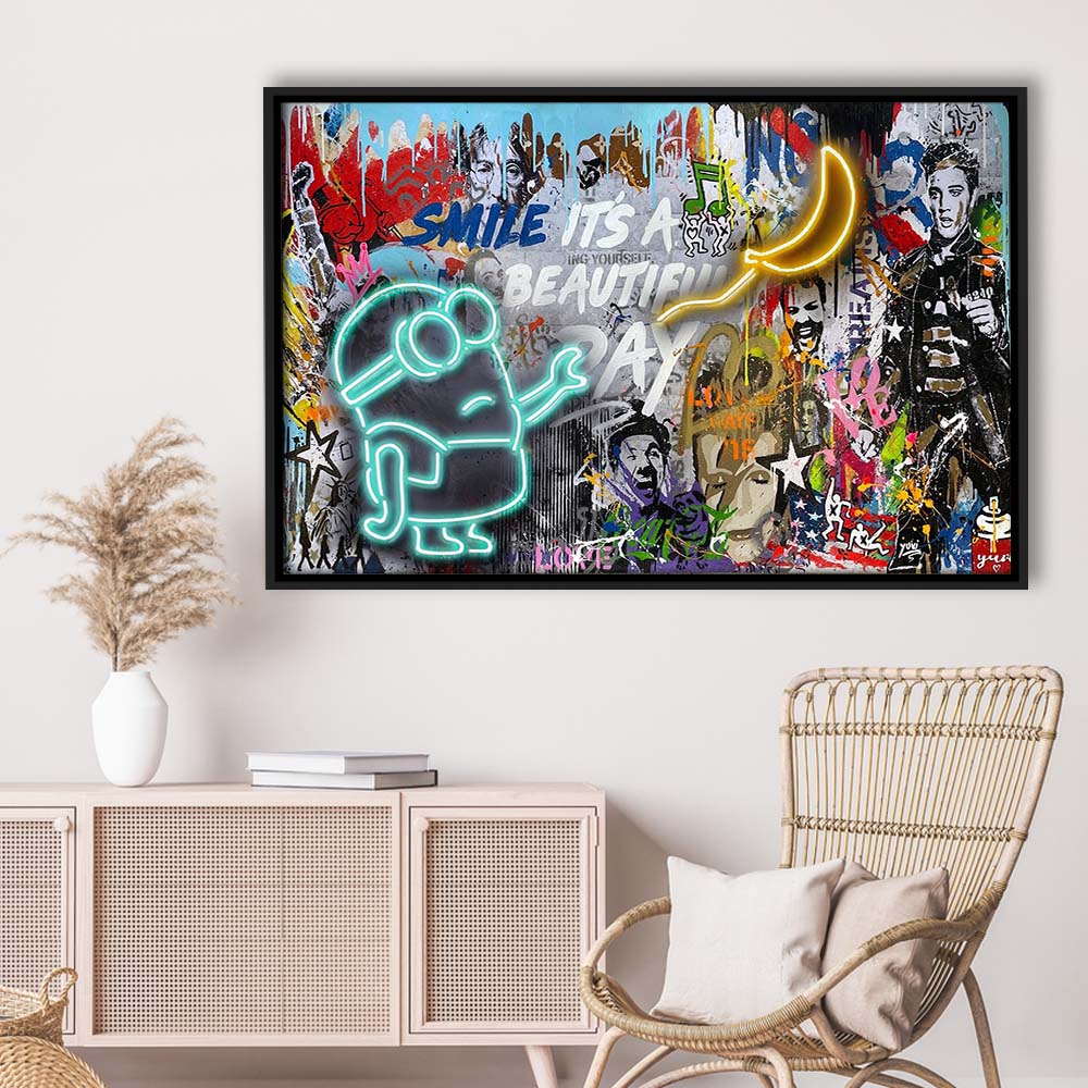 Minion Banana Graffiti Art Print, Framed Canvas Print Wall Art Decor, Floating Frame, Neon Effect Art