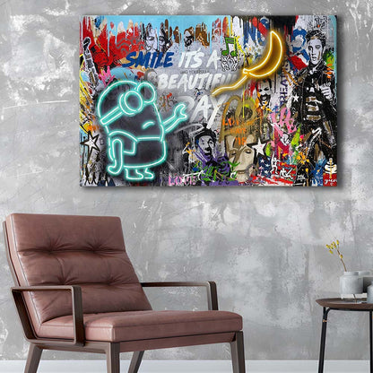 Minion Banana Graffiti Art Print, Canvas Print Wall Art, Wall Decor, Neon Effect Art