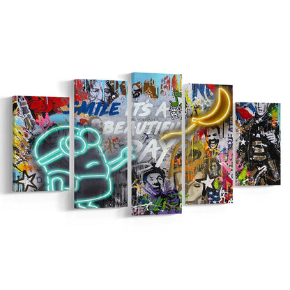 Minion Banana Graffiti Art Print, 5 Panel Mixed Canvas Print Wall Art, Home Decor, Neon Canvas