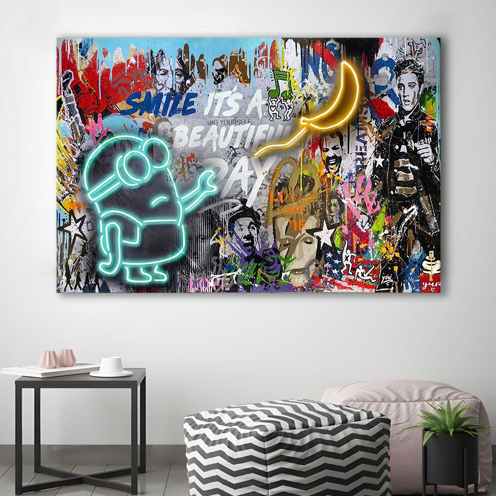 Minion Banana Graffiti Art Print, Canvas Print Wall Art, Wall Decor, Neon Effect Art