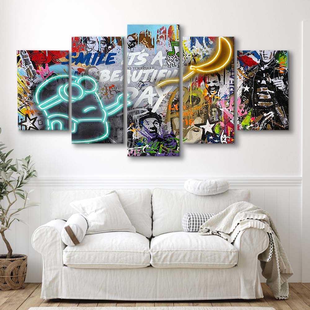 Minion Banana Graffiti Art Print, 5 Panel Mixed Canvas Print Wall Art, Home Decor, Neon Canvas