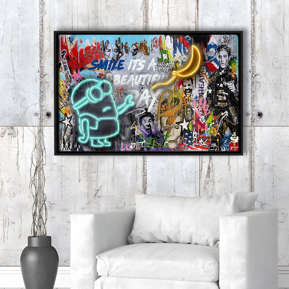 Minion Banana Graffiti Art Print, Framed Canvas Print Wall Art Decor, Floating Frame, Neon Effect Art
