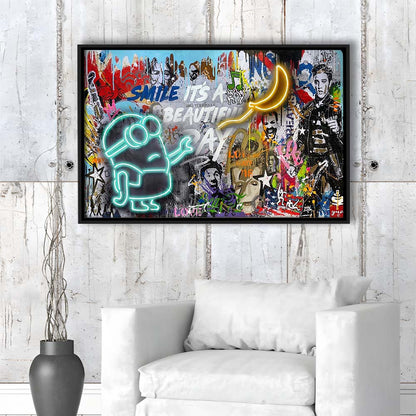 Minion Banana Graffiti Art Print, Framed Canvas Print Wall Art Decor, Floating Frame, Neon Effect Art