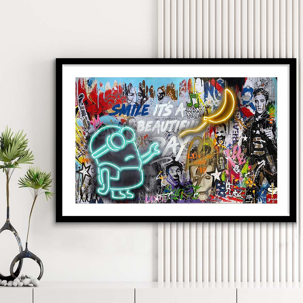 Minion Banana Graffiti Art Print, Framed Art Print Wall Decor, White Border, Framed Picture