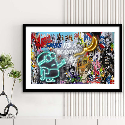 Minion Banana Graffiti Art Print, Framed Art Print Wall Decor, White Border, Framed Picture