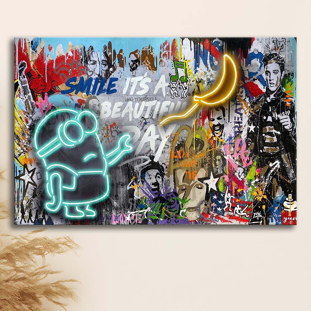 Minion Banana Graffiti Art Print, Canvas Print Wall Art, Wall Decor, Neon Effect Art