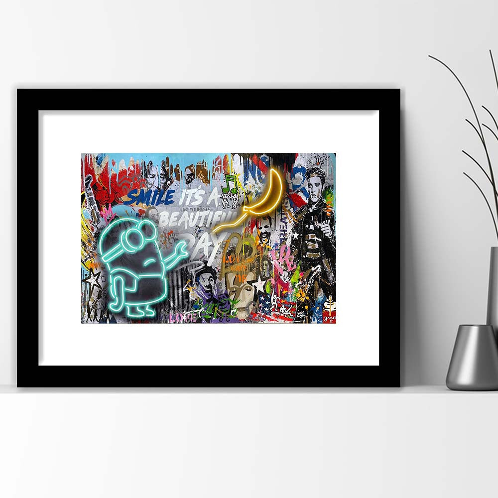 Minion Banana Graffiti Art Print, Framed Art Print Wall Decor, White Border, Framed Picture