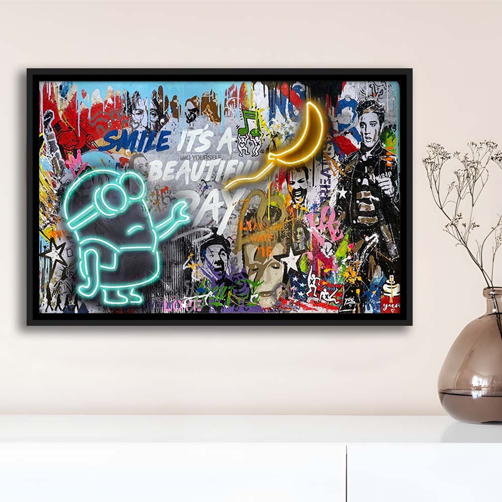 Minion Banana Graffiti Art Print, Framed Canvas Print Wall Art Decor, Floating Frame, Neon Effect Art