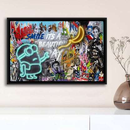 Minion Banana Graffiti Art Print, Framed Canvas Print Wall Art Decor, Floating Frame, Neon Effect Art