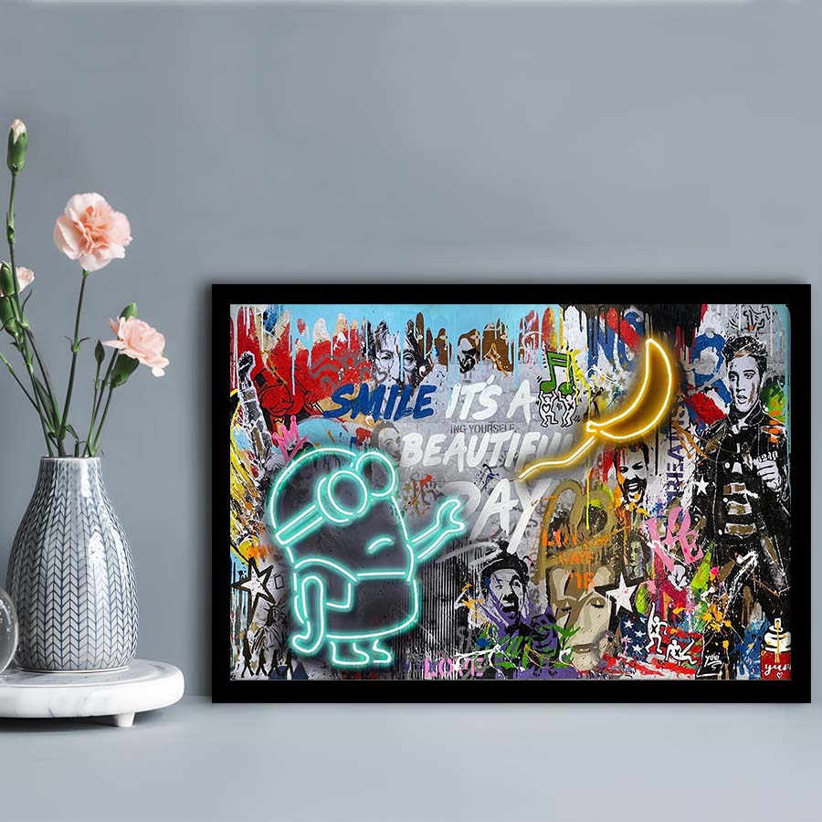 Minion Banana Graffiti Art Print, Framed Art Print Wall Decor, Neon Art Print, Picture Framed