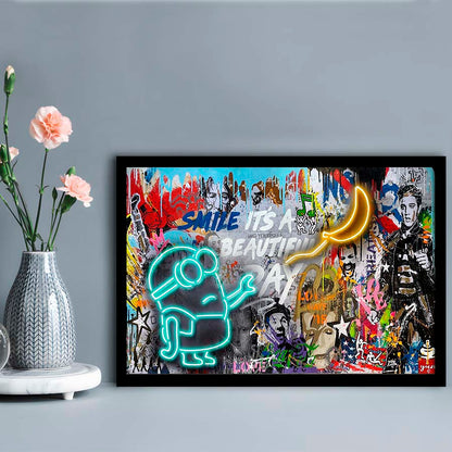 Minion Banana Graffiti Art Print, Framed Art Print Wall Decor, Neon Art Print, Picture Framed