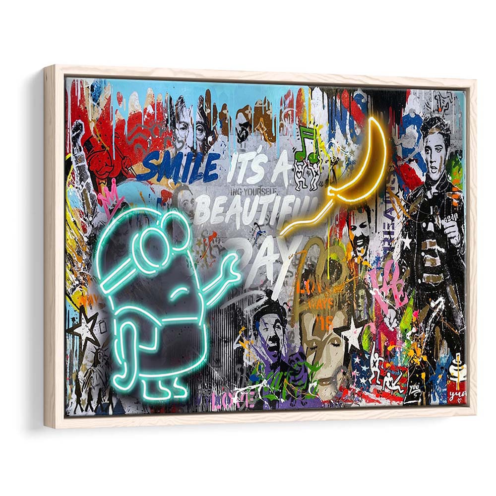 Minion Banana Graffiti Art Print, Framed Canvas Print Wall Art Decor, Floating Frame, Neon Effect Art