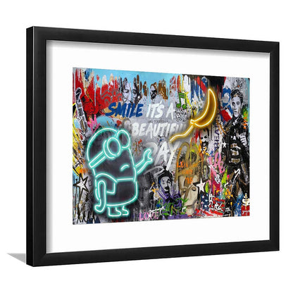 Minion Banana Graffiti Art Print, Framed Art Print Wall Decor, White Border, Framed Picture