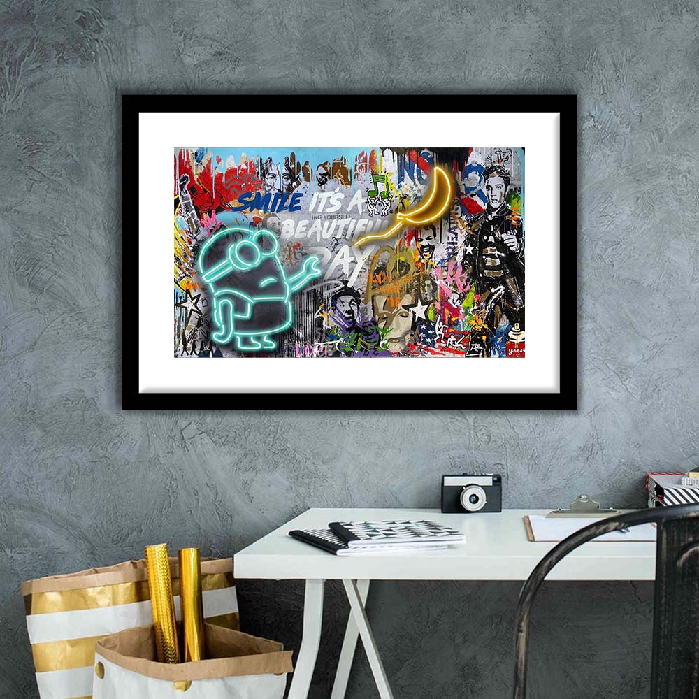 Minion Banana Graffiti Art Print, Framed Art Print Wall Decor, White Border, Framed Picture
