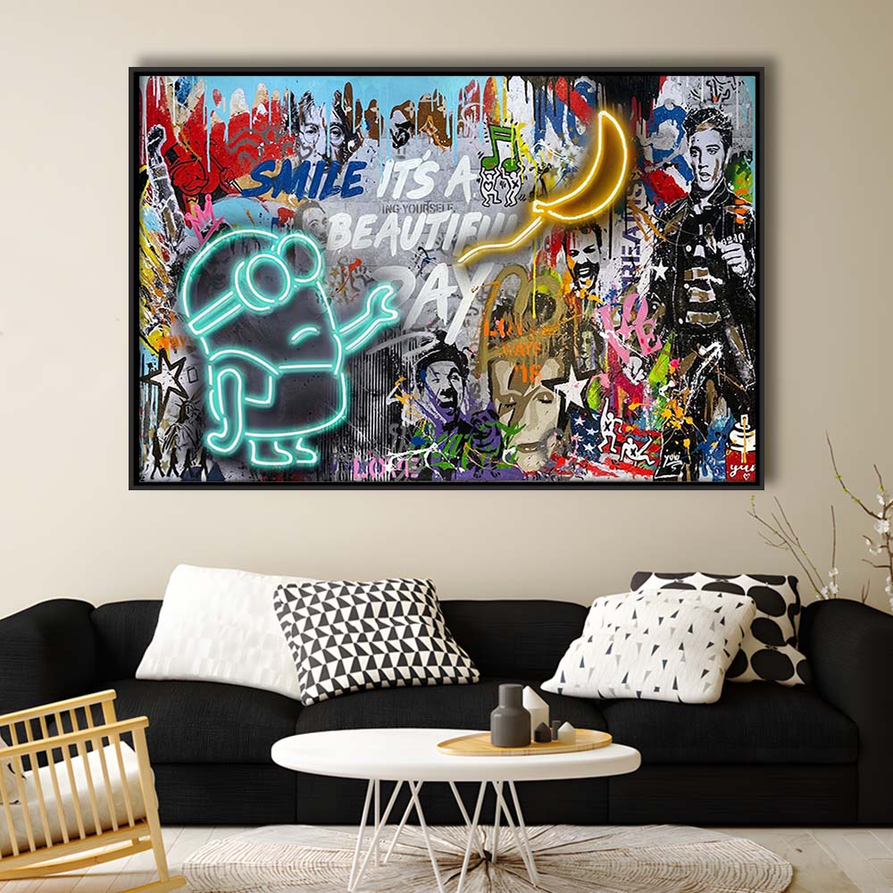 Minion Banana Graffiti Art Print, Framed Canvas Print Wall Art Decor, Floating Frame, Neon Effect Art