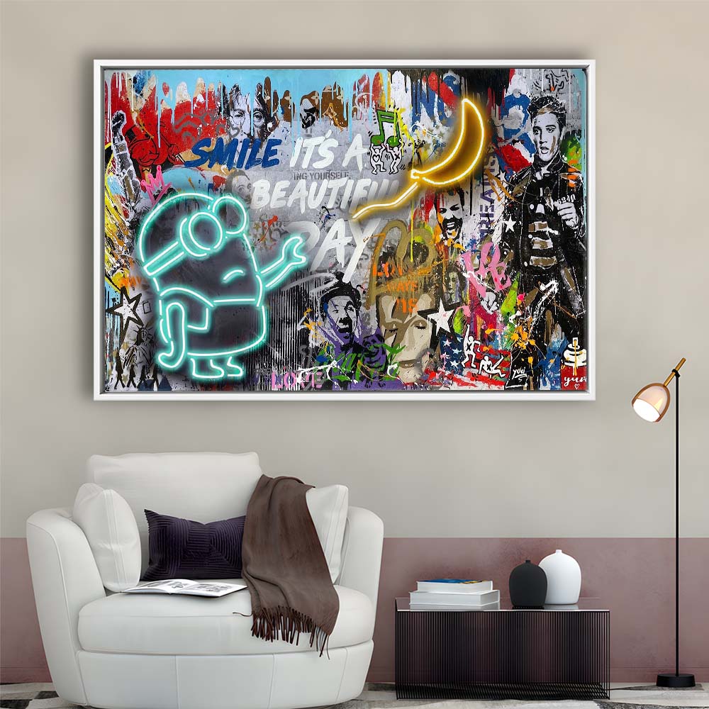 Minion Banana Graffiti Art Print, Framed Canvas Print Wall Art Decor, Floating Frame, Neon Effect Art