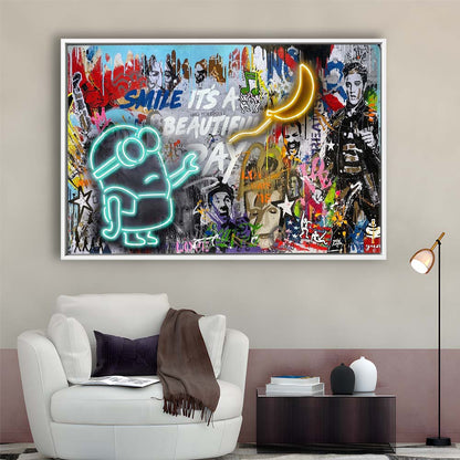 Minion Banana Graffiti Art Print, Framed Canvas Print Wall Art Decor, Floating Frame, Neon Effect Art