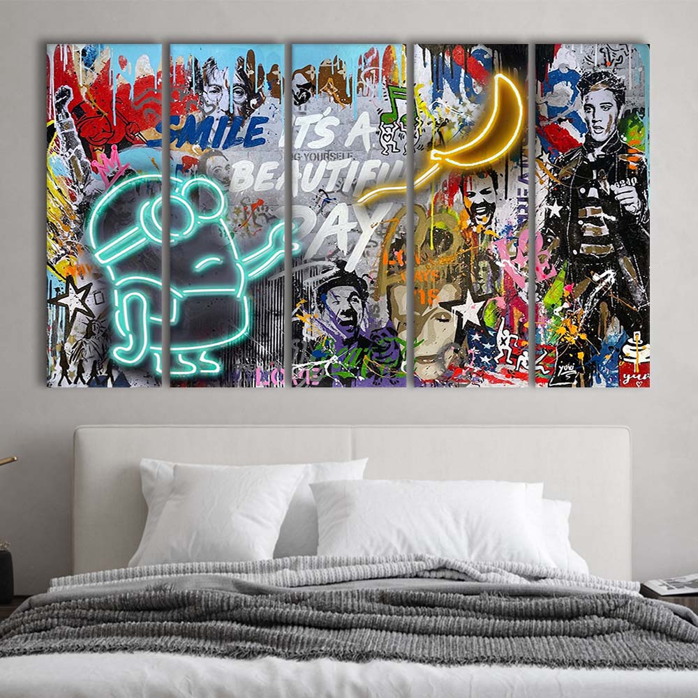 Minion Banana Graffiti Art Print, Extra Large 5 Panels Multi Canvas Print Wall Art, Home Decor