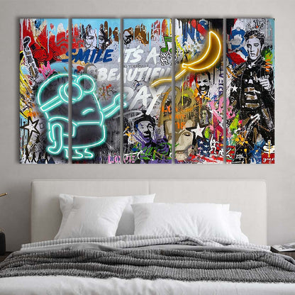 Minion Banana Graffiti Art Print, Extra Large 5 Panels Multi Canvas Print Wall Art, Home Decor