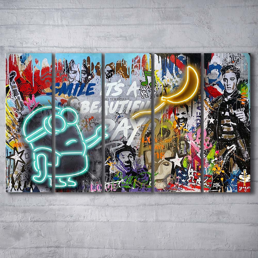 Minion Banana Graffiti Art Print, Extra Large 5 Panels Multi Canvas Print Wall Art, Home Decor