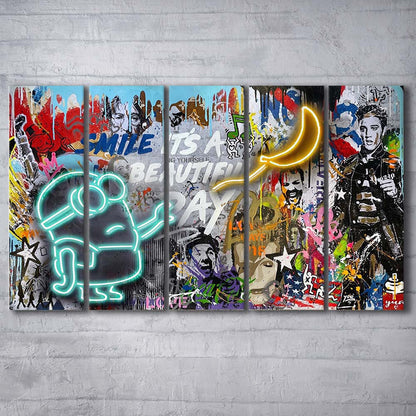 Minion Banana Graffiti Art Print, Extra Large 5 Panels Multi Canvas Print Wall Art, Home Decor