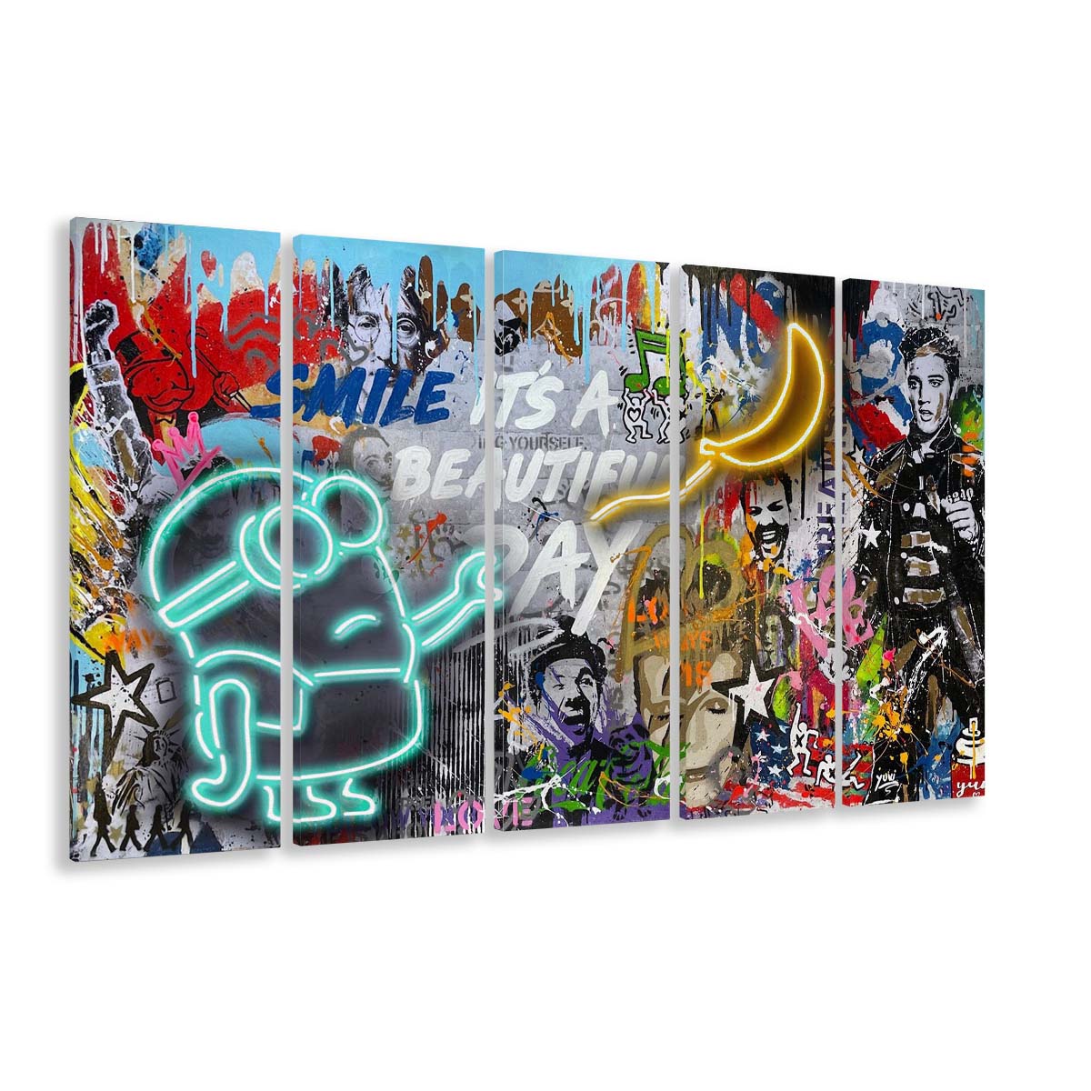 Minion Banana Graffiti Art Print, Extra Large 5 Panels Multi Canvas Print Wall Art, Home Decor