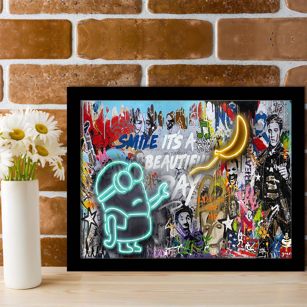 Minion Banana Graffiti Art Print, Framed Art Print Wall Decor, Neon Art Print, Picture Framed