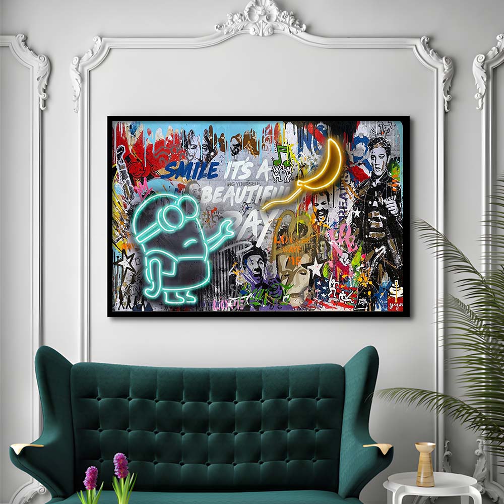 Minion Banana Graffiti Art Print, Framed Art Print Wall Decor, Neon Art Print, Picture Framed