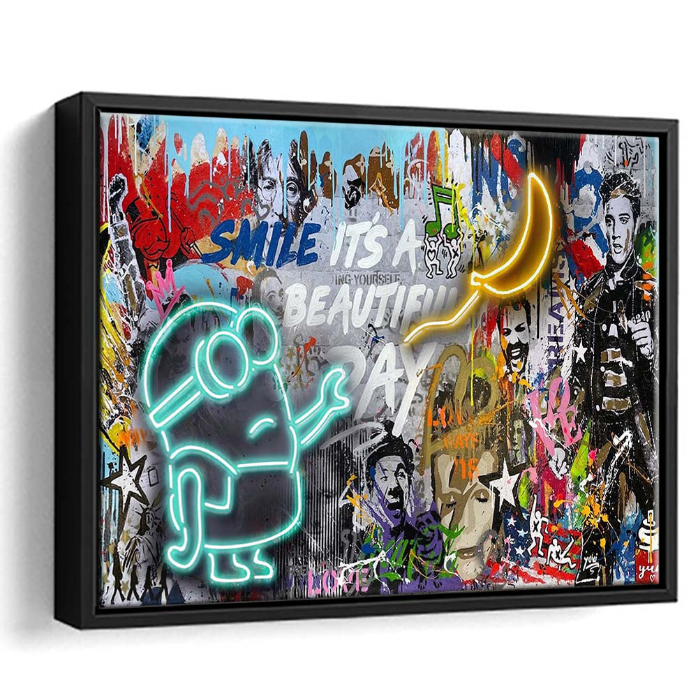 Minion Banana Graffiti Art Print, Framed Canvas Print Wall Art Decor, Floating Frame, Neon Effect Art