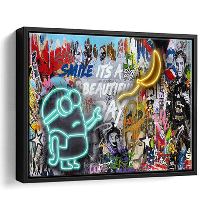 Minion Banana Graffiti Art Print, Framed Canvas Print Wall Art Decor, Floating Frame, Neon Effect Art