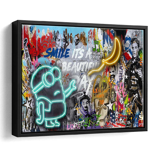 Minion Banana Graffiti Art Print, Framed Canvas Print Wall Art Decor, Floating Frame, Neon Effect Art