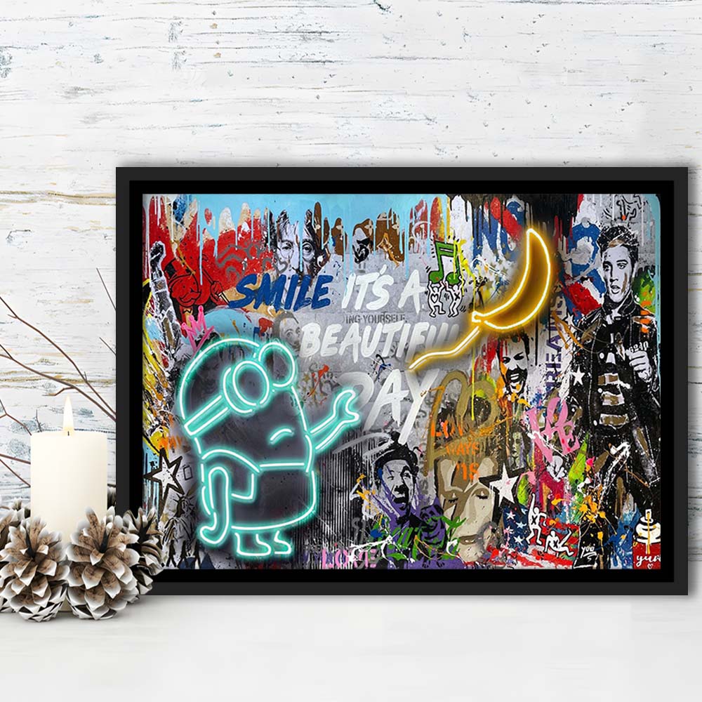 Minion Banana Graffiti Art Print, Framed Canvas Print Wall Art Decor, Floating Frame, Neon Effect Art