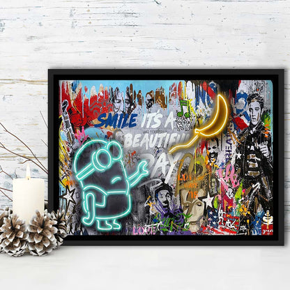 Minion Banana Graffiti Art Print, Framed Canvas Print Wall Art Decor, Floating Frame, Neon Effect Art