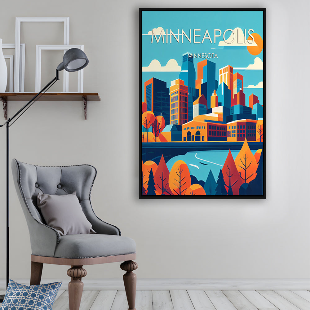 Minneapolis Retro Art Print, Minneapolis City Wall Art, Floating Framed Canvas Print, Framed Picture, Painting Canvas