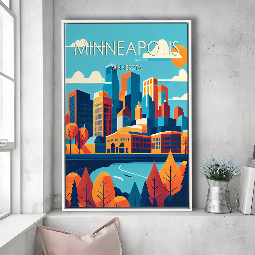Minneapolis Retro Art Print, Minneapolis City Wall Art, Floating Framed Canvas Print, Framed Picture, Painting Canvas