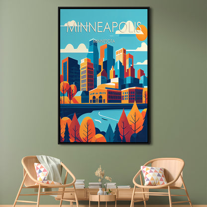 Minneapolis Retro Art Print, Minneapolis City Wall Art, Floating Framed Canvas Print, Framed Picture, Painting Canvas