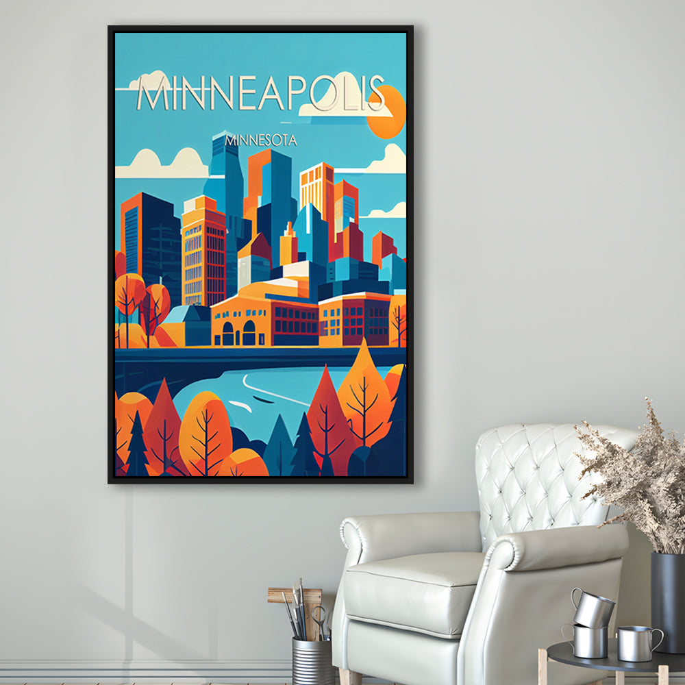 Minneapolis Retro Art Print, Minneapolis City Wall Art, Floating Framed Canvas Print, Framed Picture, Painting Canvas
