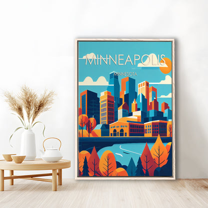 Minneapolis Retro Art Print, Minneapolis City Wall Art, Floating Framed Canvas Print, Framed Picture, Painting Canvas