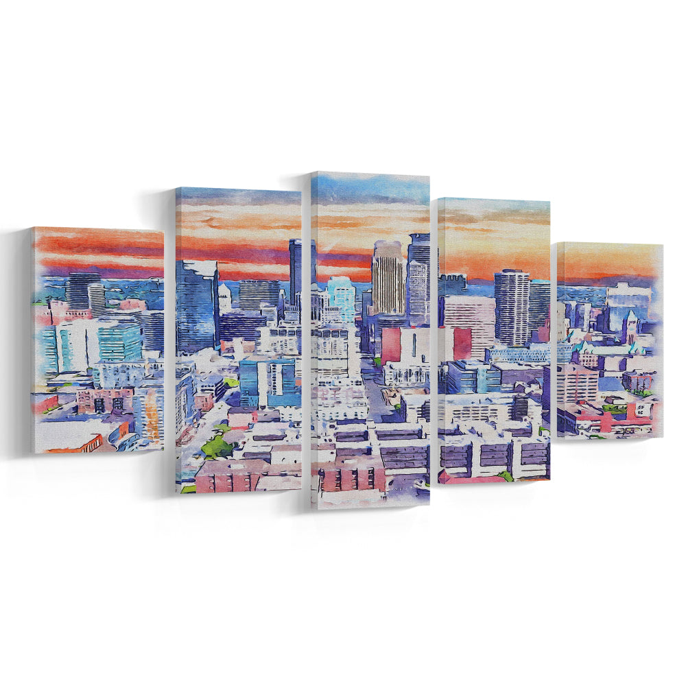 Minneapolis Painting Canvas Watercolor, Minneapolis Minnesota, Sport Art, Mixed 5 Panel, Canvas Print Wall Art