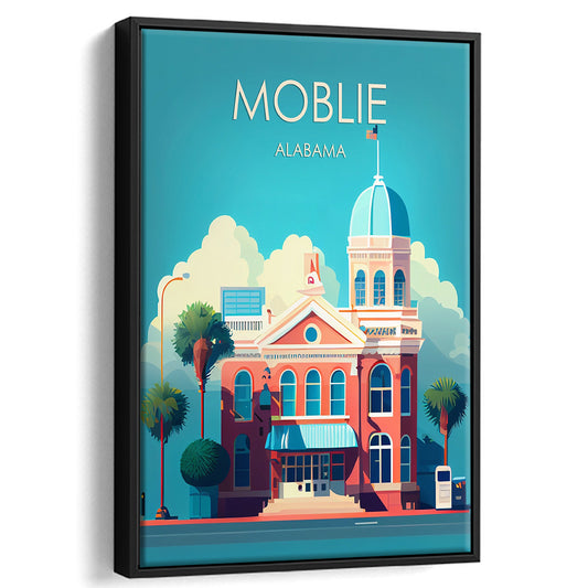 Mobile Alabama Retro Art Print, Mobile City Wall Art, Floating Framed Canvas Print, Framed Picture, Painting Canvas