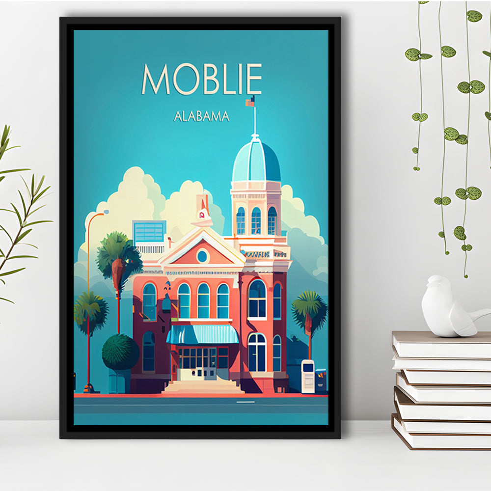 Mobile Alabama Retro Art Print, Mobile City Wall Art, Floating Framed Canvas Print, Framed Picture, Painting Canvas