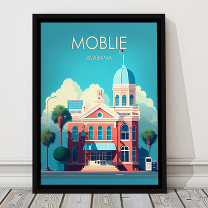 Mobile Alabama Retro Art Print, Mobile City Wall Art, Floating Framed Canvas Print, Framed Picture, Painting Canvas