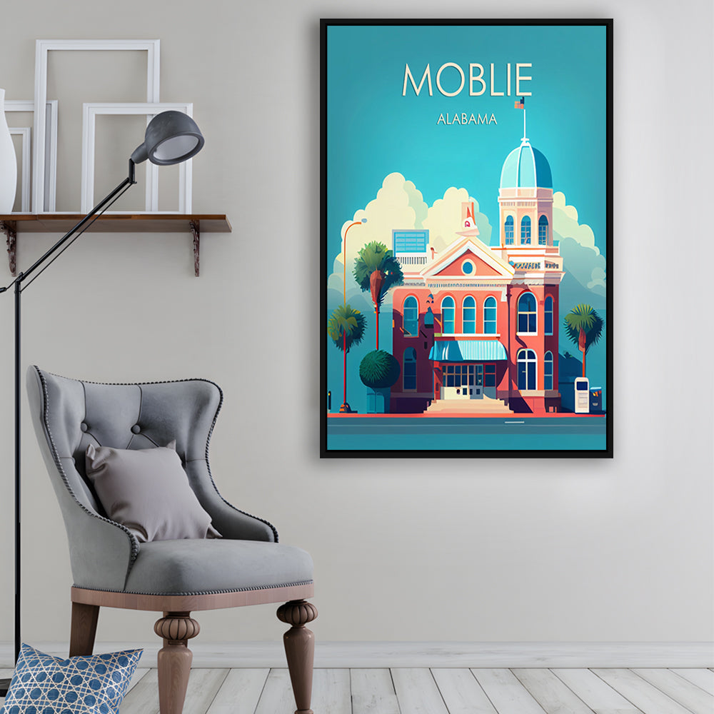 Mobile Alabama Retro Art Print, Mobile City Wall Art, Floating Framed Canvas Print, Framed Picture, Painting Canvas