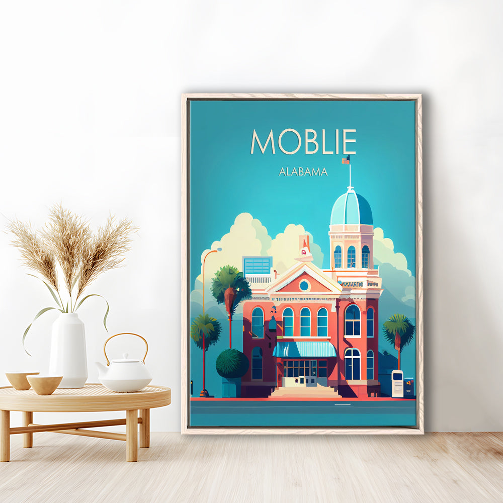 Mobile Alabama Retro Art Print, Mobile City Wall Art, Floating Framed Canvas Print, Framed Picture, Painting Canvas
